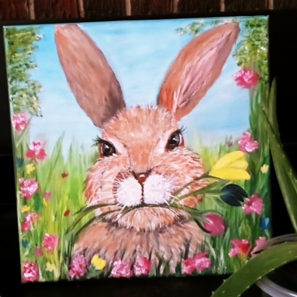 Original 12x12 Easter Bunny painting acrylic on stretch canvas